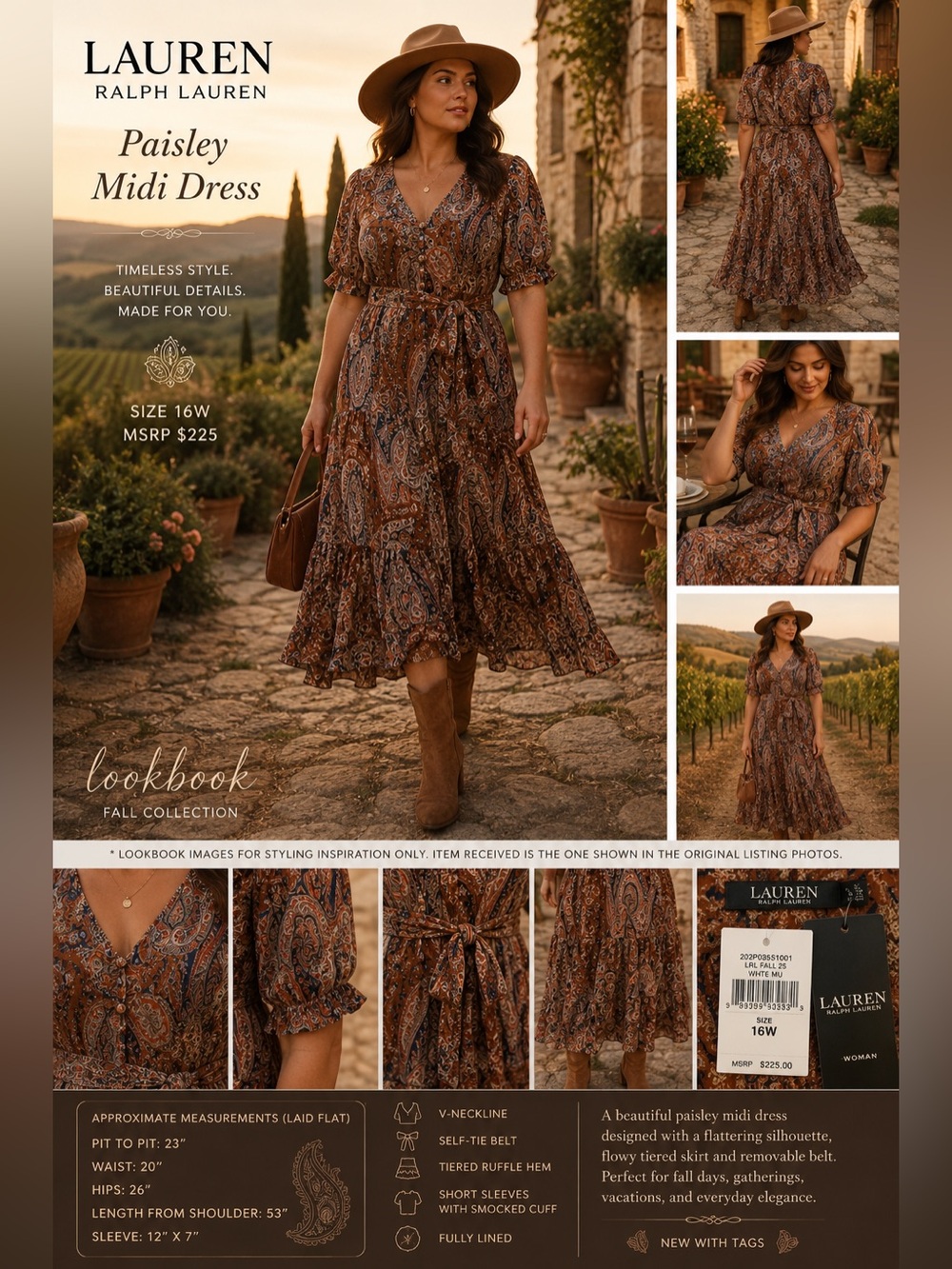 NWT Lauren Ralph Lauren Paisley Belted Midi Dress 16W MSRP $225